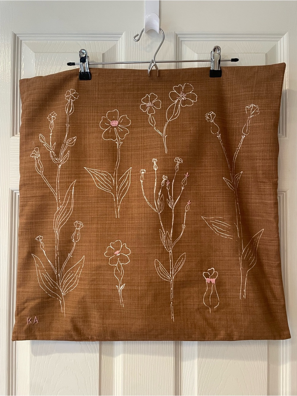 Modern brown pillow covers (2) with pink embroidery on flowers